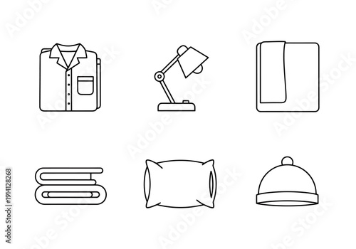 Collection of bedroom and personal care icons including folded pajamas a desk lamp folded towels a pillow and a hat for sleep illustration