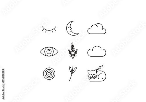 Collection of Minimalist Line Icons Featuring Sleep Dream Relaxation Wellness Concepts and Nature Elements on White Background