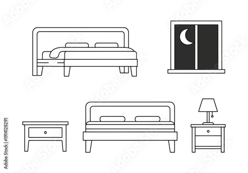 Home Interior Elements Simple Line Icons Set Featuring Beds Nightstands and Evening Window With Moon And Star View For Sleep And Rest Concepts