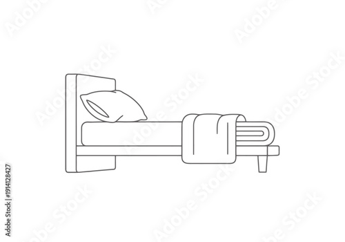 Minimalist Bedroom Furniture Design Simple Bed Frame With Pillow And Folded Blanket Outline Art Isolated On White Background For Sleep And Rest