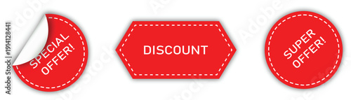 Circular and hexagonal red promotion stickers with special offer super offer and discount labels featuring curled paper corner and dashed stitch lines for retail advertising and marketing campaigns