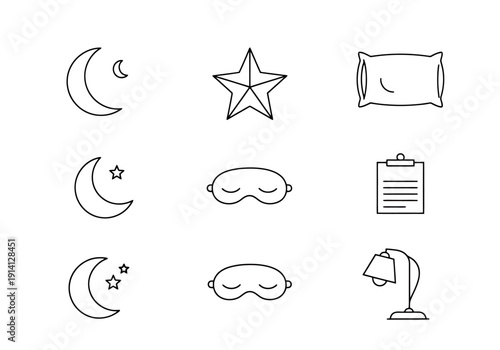 Collection of Celestial Body and Sleep Accessory Outline Icons Perfect for Bedtime Routine and Rest Concept Design Elements