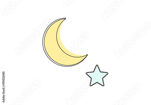 Celestial crescent sleep time yellow moon and pale blue star isolated on white background simple doodle art for bedtime and dreams