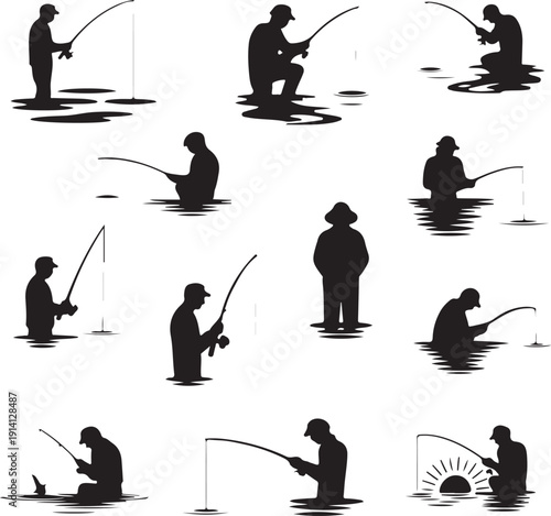 Silhouette of people fishing in various poses on water surface