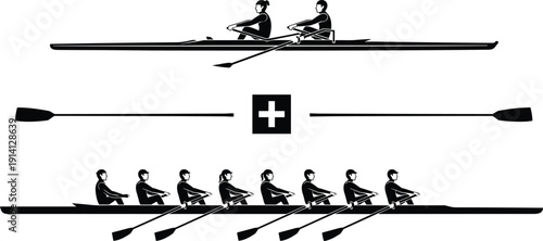 Black vector silhouette set of professional rowing teams in sculling and sweep boats with oars for competitive water sports fitness training and nautical branding