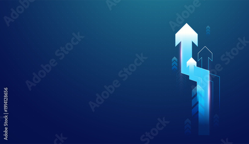 Glowing arrows rise upward on a blue background, forming a modern chart that represents finance and business increase. Vector illustration design