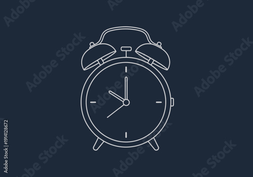 Classic Alarm Clock Icon outline on a deep blue background representing early morning wake up time and punctuality concept