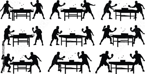 Black vector silhouette set of professional table tennis players in various match poses for ping pong sports club fitness competition and athletic lifestyle branding design