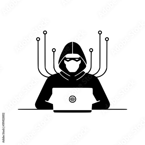 Hacker in hoodie and mask working on laptop with cyber connections