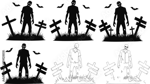 WebBlack vector silhouette set of scary zombies rising from a graveyard with tombstones and bats for Halloween horror party invitation and spooky branding design,