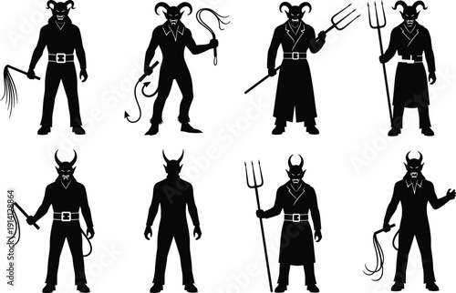Black vector silhouette set of scary horned demons holding whips and pitchforks for Halloween horror fantasy underworld mythology and spooky occult branding design