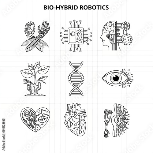 Collection of bio-hybrid robotics icons merging biological systems with mechanical engineering