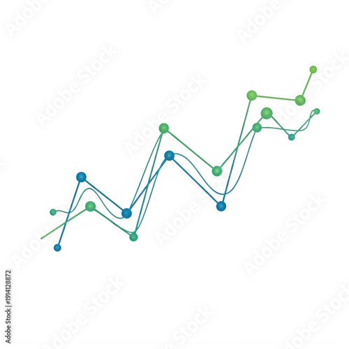 Abstract line graph with green and blue dots and lines isolated on transparent background