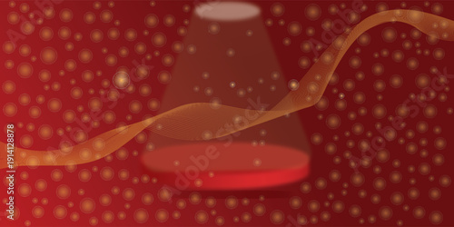 Red podium with elegant gold wave lines on the back for advertisement display. Display of cosmetic products. Stage or podium. vector illustration