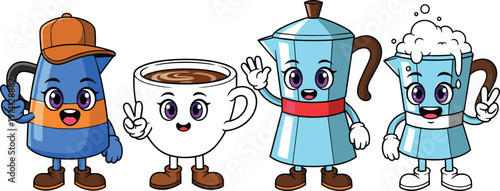 Cute Coffee Drink Cartoon Vector Set with Smiling Cup, Mug, Moka Pot and Kettle Characters for Cafe and Beverage Design