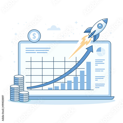 Startup launch and exponential growth concept. Businessman dashboard with rising chart, rocket and coins. Financial report, profit investment increase and market trend analysis. Digital success vector