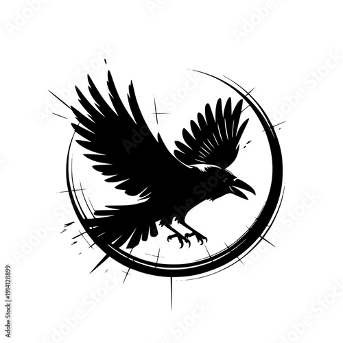 Dynamic black crow in mid flight with sharp circular motion