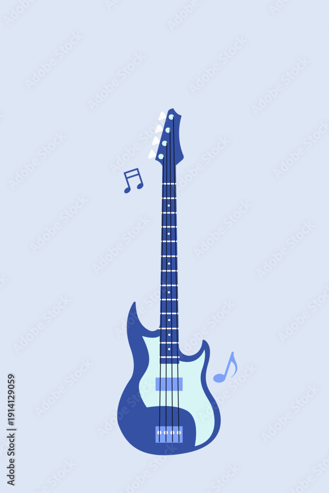 Naklejka premium Minimal vertical poster featuring electric guitar on clean light blue background. Ideal for concert promotion, music festival advertising or modern event branding.