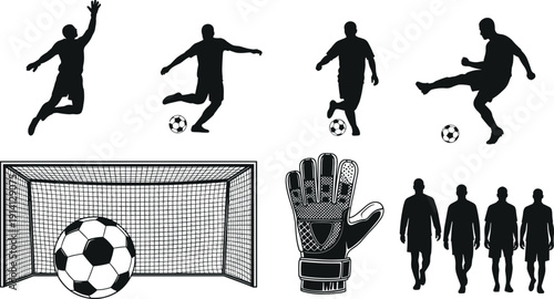 Black vector silhouette set of soccer players kicking balls a goalkeeper glove and a goal net for football sports competition athletic training branding,