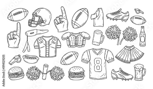 Hand drawn American football doodle icons outline set vector