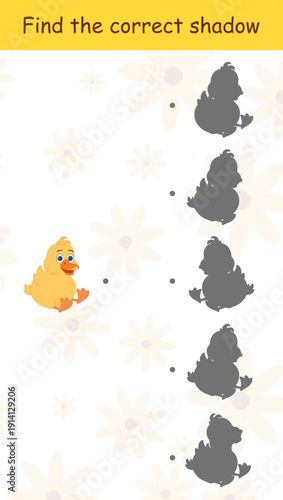 Educational game. Find the correct shadow of duckling. Vector illustration for children's activity book, worksheet, entertainment. 