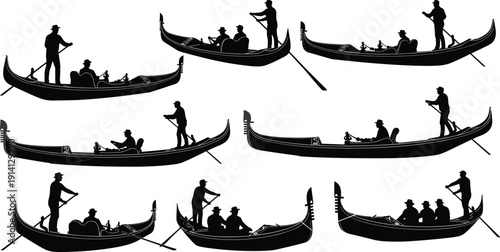Black vector silhouette set of traditional Venetian gondolas with gondoliers and tourists for Italy travel tourism Venice canal vacation and nautical lifestyle branding illustration,