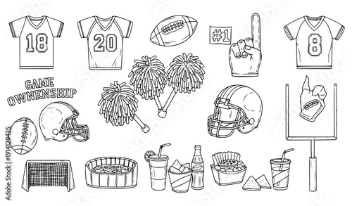 Football fan gear and field doodle vector icons outline set