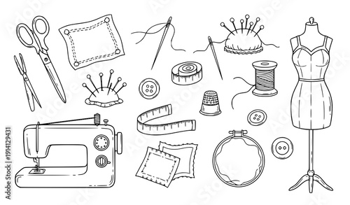 Sewing tools doodle outline vector set