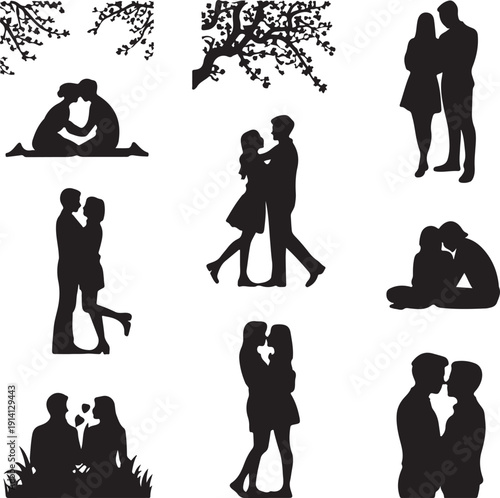 Silhouettes of couples in various romantic poses and settings