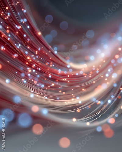 Abstract Fiber Optics: Captivating image of flowing fiber optic threads, illuminated by dynamic light, conveying concepts of data transmission, high-speed connectivity, and modern technology.
