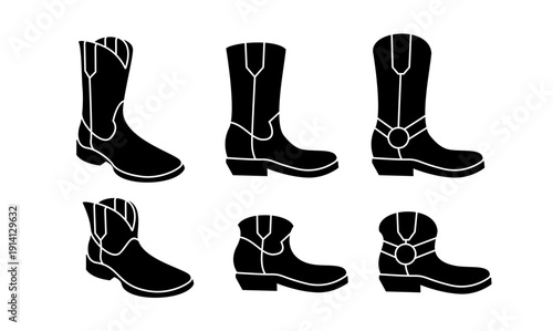 Cowboy Boots Icon Set. Black silhouettes of various western footwear styles.