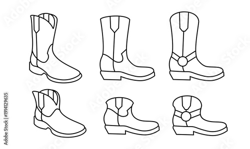 Cowboy Boots Line Art Icons Set. Collection of Western Style Footwear Outlines