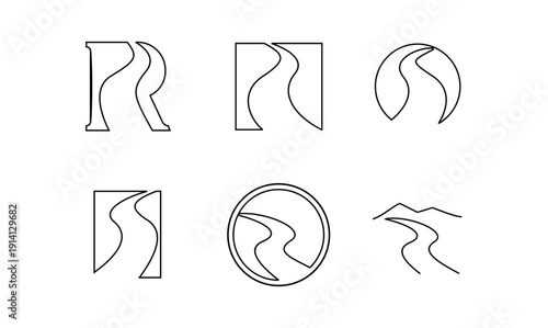Winding Road Path Logo Icons Set, Abstract Line Art Graphic Design Elements