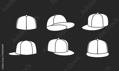 White Baseball Caps and Snapbacks Icons Set on Dark Background