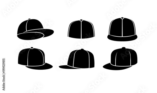 Baseball Caps and Snapback Hats Icon Set - Black Silhouette Vector Graphics
