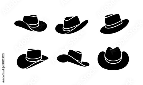 Cowboy Hat Silhouette Icons Set. Collection of Western Style and Classic Fedora Hats in Various Views.