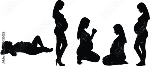 Black vector silhouette set of pregnant women in various poses including standing kneeling and lying down for maternity health prenatal care and motherhood branding,