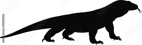 Komodo dragon lizard silhouette shows its long tail and forked tongue.