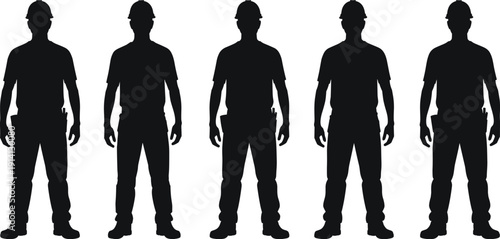 Construction worker silhouettes set, builders standing in uniform with helmets, professional labor collection isolated on white