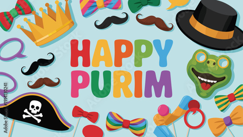 happy purim festive banner with colorful carnival elements masks crown hat and playful typography jewish holiday illustration