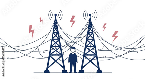 Electricity Pylons with Transmission Towers and Engineer.