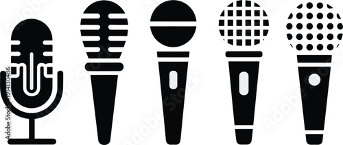 Collection of handheld microphone head icons including dynamic and vocal recording styles for digital audio production and podcast logo design