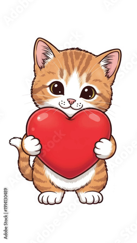 Cute cartoon kitten holding a red heart in its paws.