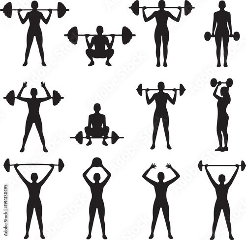 Silhouettes of people lifting weights in various gym exercises