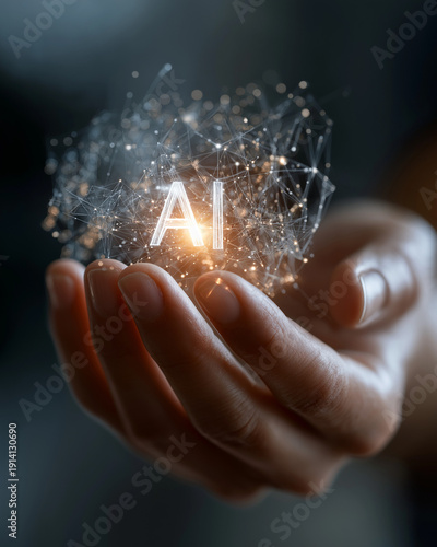 Embracing AI's Future: A luminous AI construct hovers gently within a welcoming hand, an emblem of innovative possibilities and digital evolution.