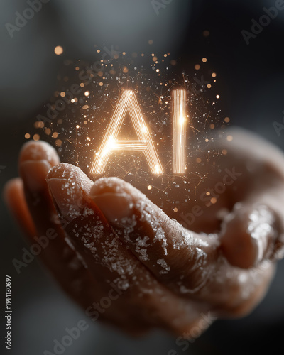 AI in Hand: A close-up shot of a human hand cupping glowing AI letters, symbolizing the embrace of artificial intelligence, innovation, and technological advancement.