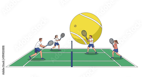 Tennis Players in Action on Court.