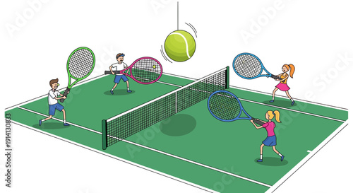 Tennis Players in Action on Court 1.