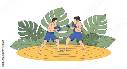 Two Men Boxing on Yellow Mat.