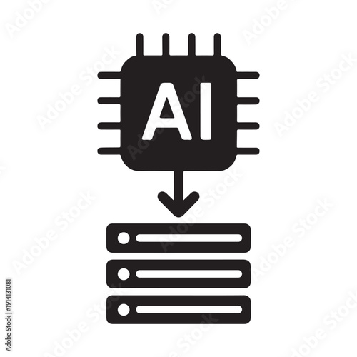 AI data processing silhouette vector icon on white background for technology